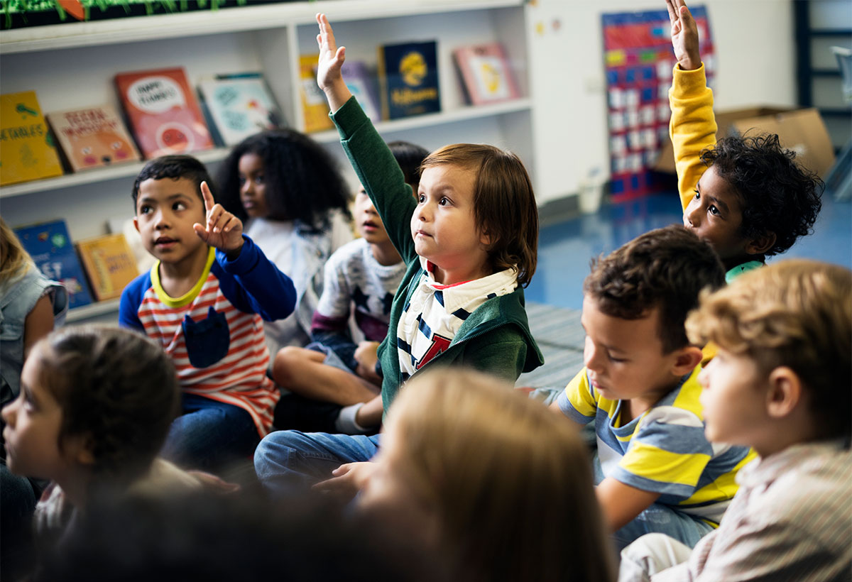 Students raising their hands in classroom
